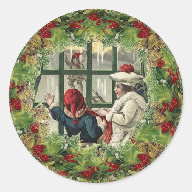 Niedliche Weihnachtskinder im Fenster Runder Aufkleber (Vorderseite)
