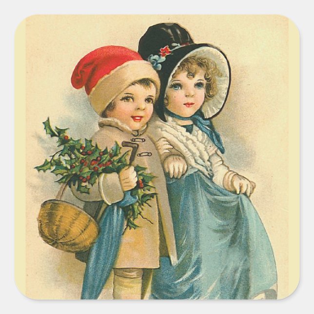 "Niedliche Weihnachtskinder" Quadratischer Aufkleber (Vorderseite)