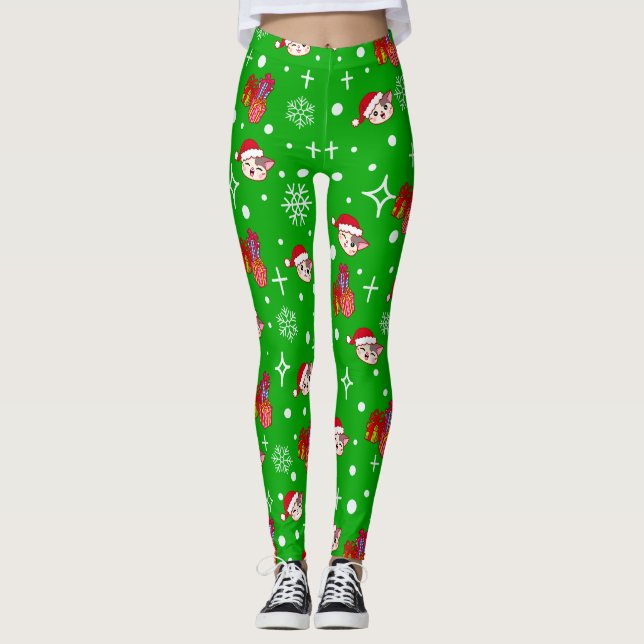 Niedliche Weihnachtskitty Green Leggings (Vorderseite)