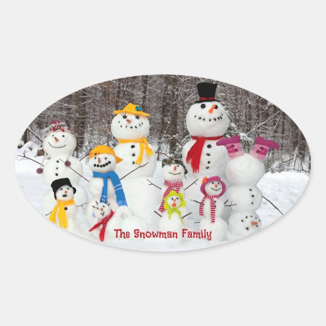 Niedliche Weihnachtskleber für Snowman mit Familie Ovaler Aufkleber (Vorderseite)