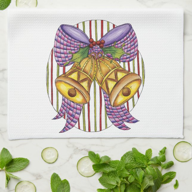 Niedliche Weihnachtsklingeln mit Ribbon und Bow Geschirrtuch (Gefaltet)