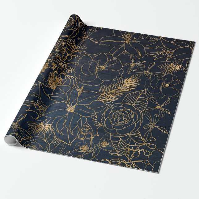 Niedliche Weihnachtskonfetti und goldenes Blumende Geschenkpapier (Ungerollt)