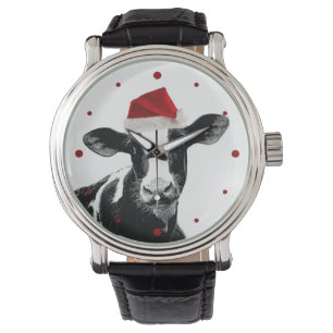 Niedliche Weihnachtskuh in der Weihnachtsmannmütz Armbanduhr