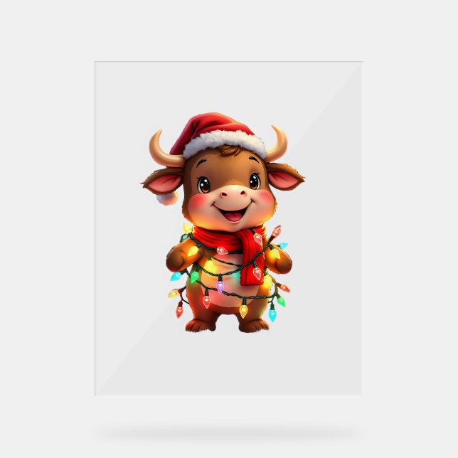 Niedliche Weihnachtskuh mit Weihnachtsleuchten Kin Acrylschild (Vorderseite)