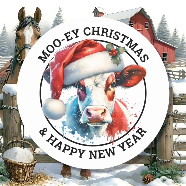 Niedliche Weihnachtskühe in Weihnachtsmannmütze Pe Runder Aufkleber (Von Creator hochgeladen)