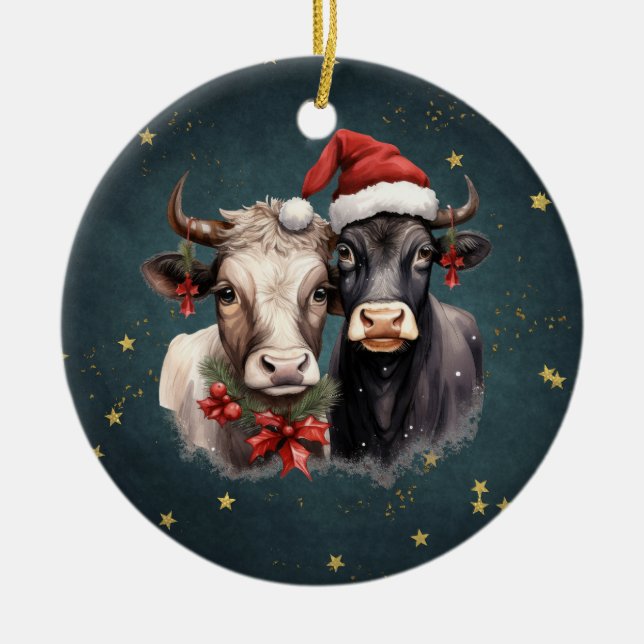 Niedliche Weihnachtskühe Keramik Ornament (Vorne)