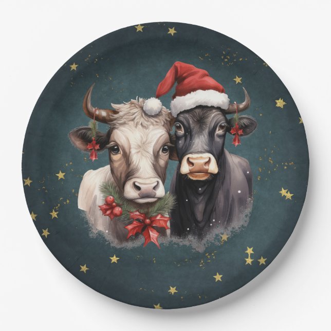 Niedliche Weihnachtskühe Pappteller (Vorderseite)