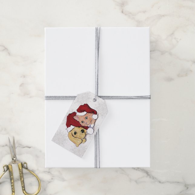 Niedliche Weihnachtsleder Welpe und Orange Tabby Geschenkanhänger (Mit Garn)