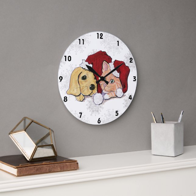 Niedliche Weihnachtsleder Welpe und Orange Tabby Große Wanduhr (Büro)
