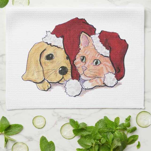 Niedliche Weihnachtsleder Welpe und Orange Tabby Handtuch (Gefaltet)