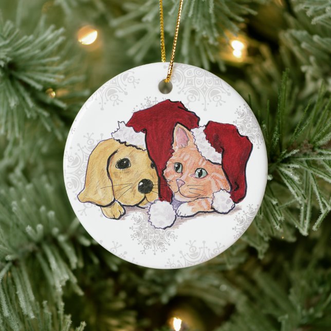 Niedliche Weihnachtsleder Welpe und Orange Tabby Keramikornament (Baum)