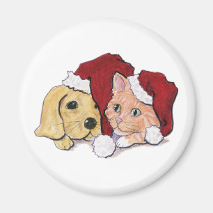 Niedliche Weihnachtsleder Welpe und Orange Tabby Magnet