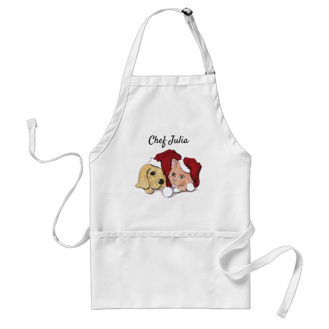 Niedliche Weihnachtsleder Welpe und Orange Tabby Schürze (Vorne)