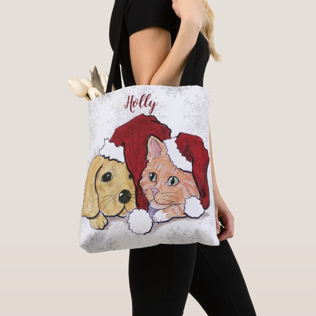 Niedliche Weihnachtsleder Welpe und Orange Tabby Tasche (Von Nahem)