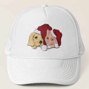 Niedliche Weihnachtsleder Welpe und Orange Tabby Truckerkappe