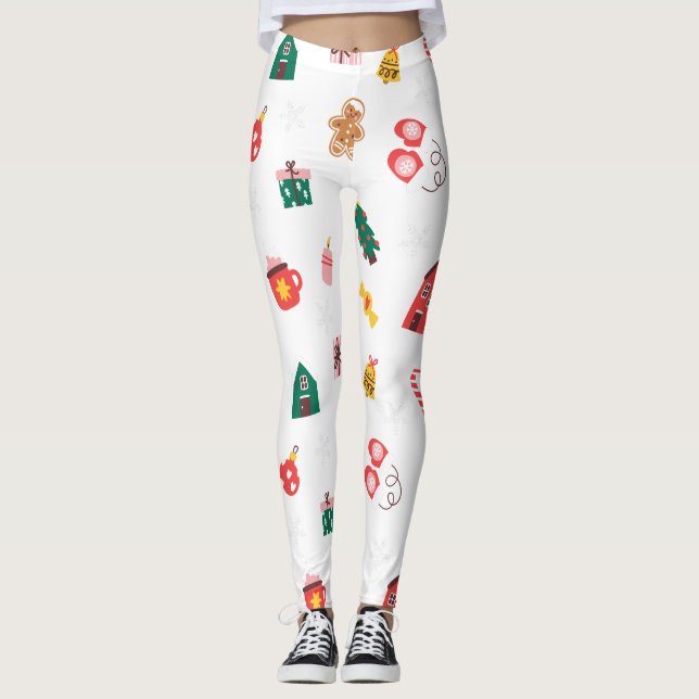 Niedliche WeihnachtsLeggings in Beige Rot und Grün Leggings (Vorderseite)