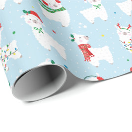 Niedliche Weihnachtsllamas auf hellblau Geschenkpapier
