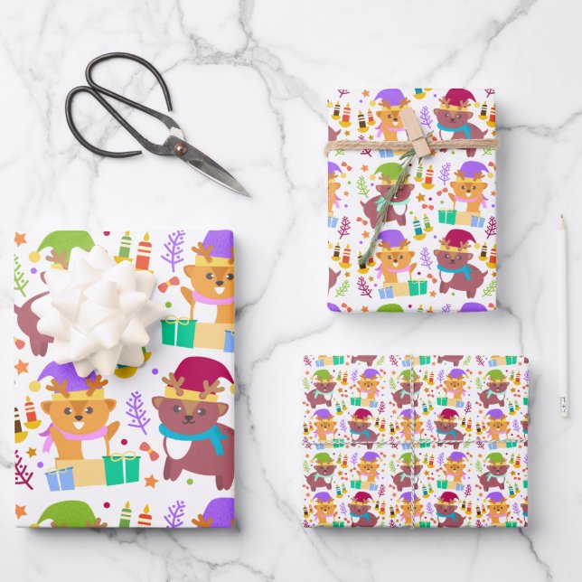 Niedliche Weihnachtsmänner Tiere Funny Cartoon Kin Geschenkpapier Set (Vorderseite)