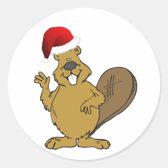 Niedliche Weihnachtsmannmütze des Bibers Runder Aufkleber (Vorderseite)