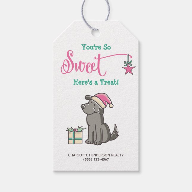 Niedliche Weihnachtsmannmütze Hund Hier ist eine L Geschenkanhänger (Vorderseite)