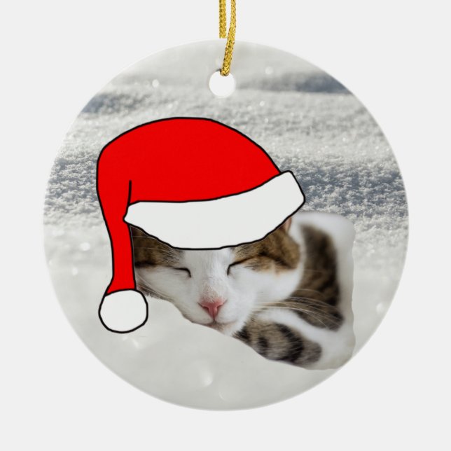 Niedliche Weihnachtsmannmütze Kätzchen Schlafen We Keramik Ornament (Vorne)
