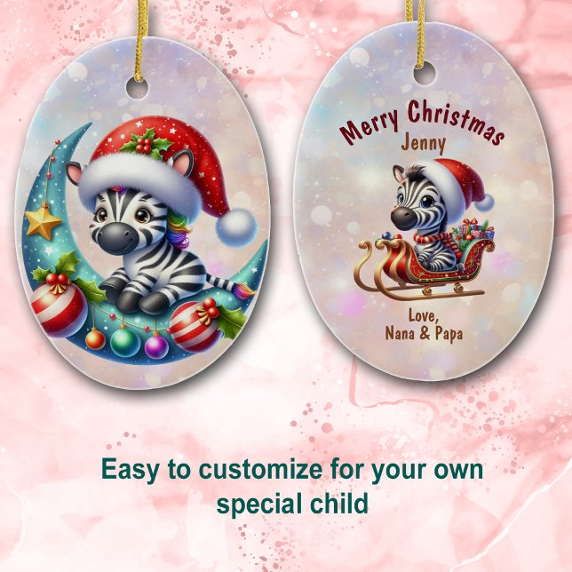 Niedliche Weihnachtsmannmütze Zebra Moon und Sleig Keramik Ornament (Von Creator hochgeladen)