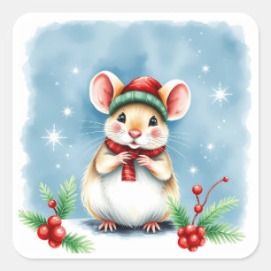 Niedliche Weihnachtsmaus in Winterhut Quadratischer Aufkleber