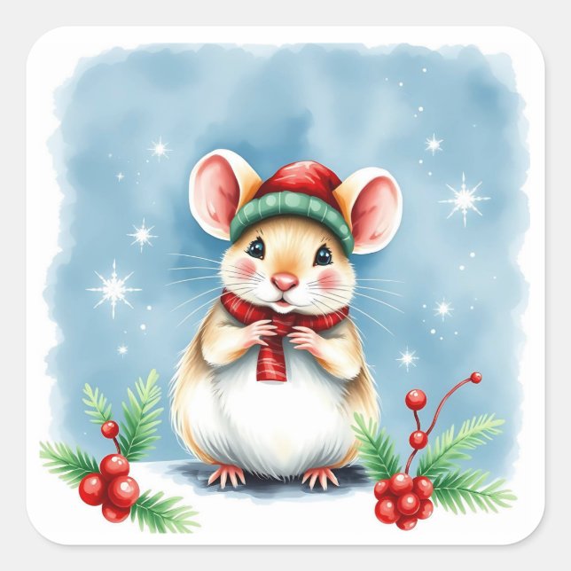Niedliche Weihnachtsmaus in Winterhut Quadratischer Aufkleber (Vorderseite)