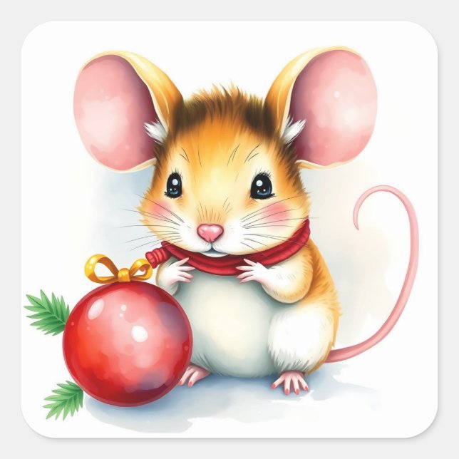 Niedliche Weihnachtsmaus mit Ornament Quadratischer Aufkleber (Vorderseite)