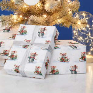 Niedliche Weihnachtsmäuse in Schneeflocken Geschenkpapier