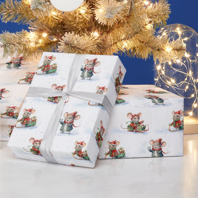 Niedliche Weihnachtsmäuse in Schneeflocken Geschenkpapier (Feiertage)