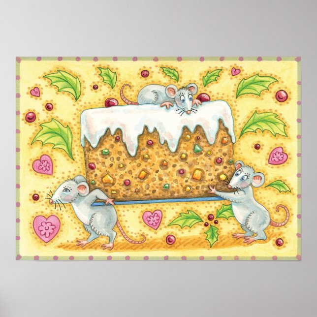 Niedliche Weihnachtsmäuse mit einem Kuchen-Nachtis Poster (Vorne)