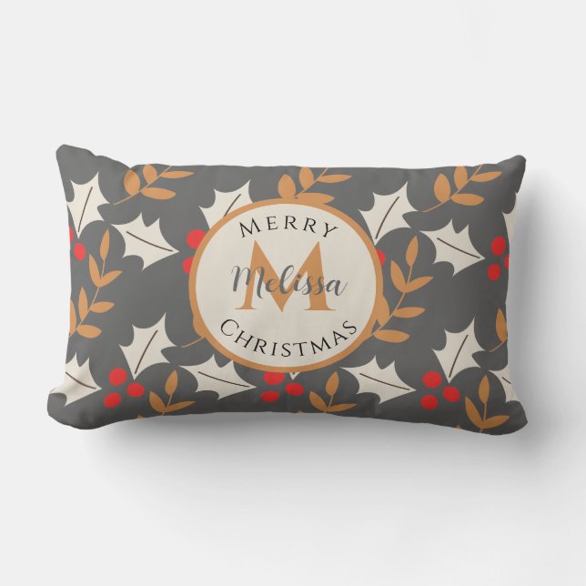 Niedliche Weihnachtsmonogramm Grau/Grau Heilige Mi Lendenkissen (Vorderseite)