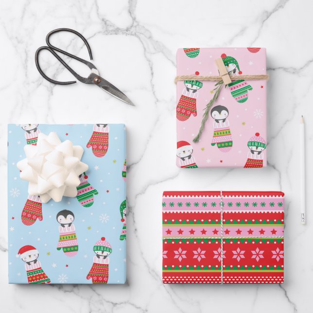 Niedliche WeihnachtsPenguine in Strickfäusten Geschenkpapier Set (Vorderseite)