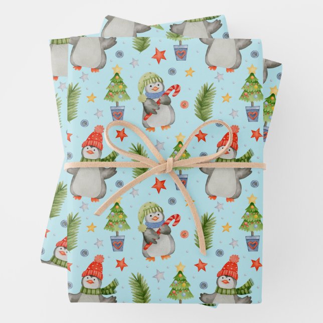 Niedliche Weihnachtspenguinen am Nordpol Geschenkpapier Set (Beispiel)