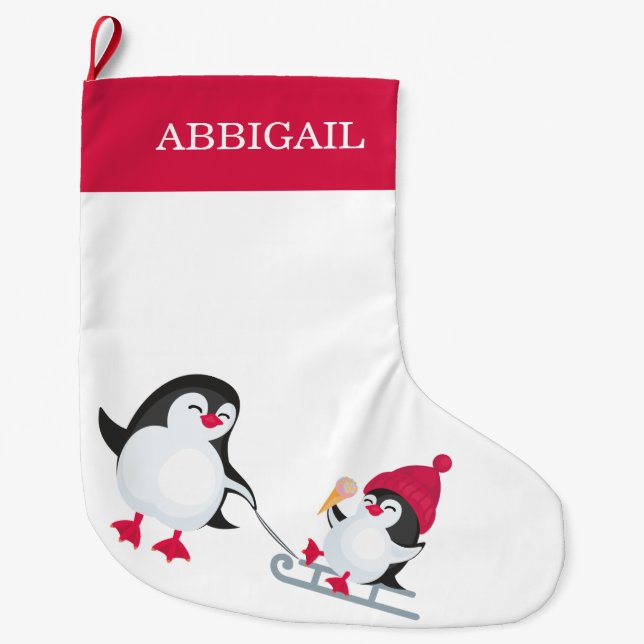 Niedliche Weihnachtspenguins Schild Name der Mutte Großer Weihnachtsstrumpf (Vorderseite)