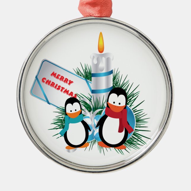 Niedliche Weihnachtspinguine und Candle-Ziergegens Ornament Aus Metall (Vorne)