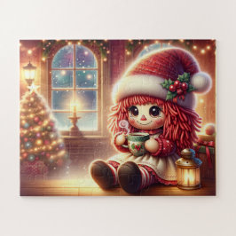 Niedliche Weihnachtspuppe trinkt heiße Schokolade
