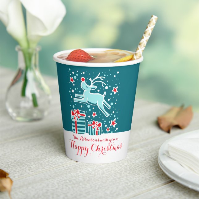 Niedliche Weihnachtsrinder aquamarine Rotgebräuche Pappbecher (In Situ)