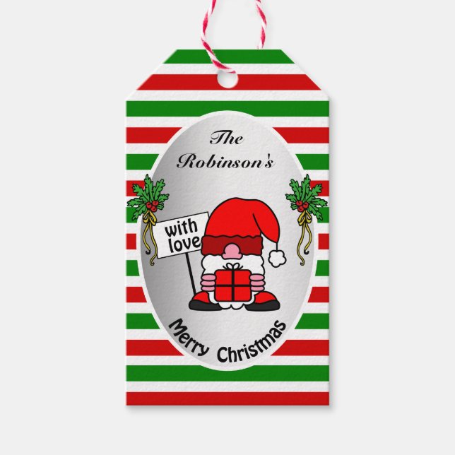 Niedliche Weihnachtsrot und Grüne Streifen Silver  Geschenkanhänger (Vorderseite)