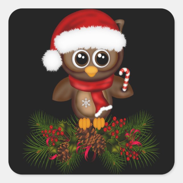 Niedliche Weihnachtsschale auf Kiefernzweig-Aufkle Quadratischer Aufkleber (Vorderseite)