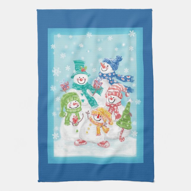 Niedliche Weihnachtsschneefamilie im Schnee Geschirrtuch (Vertikal)