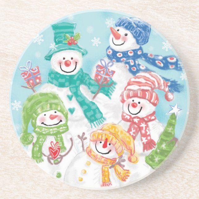 Niedliche Weihnachtsschneefamilie im Schnee Sandstein Untersetzer (Vorne)
