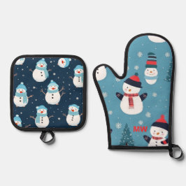 Niedliche Weihnachtsschneemänner Ofenhandschuh & Topflappen-Set