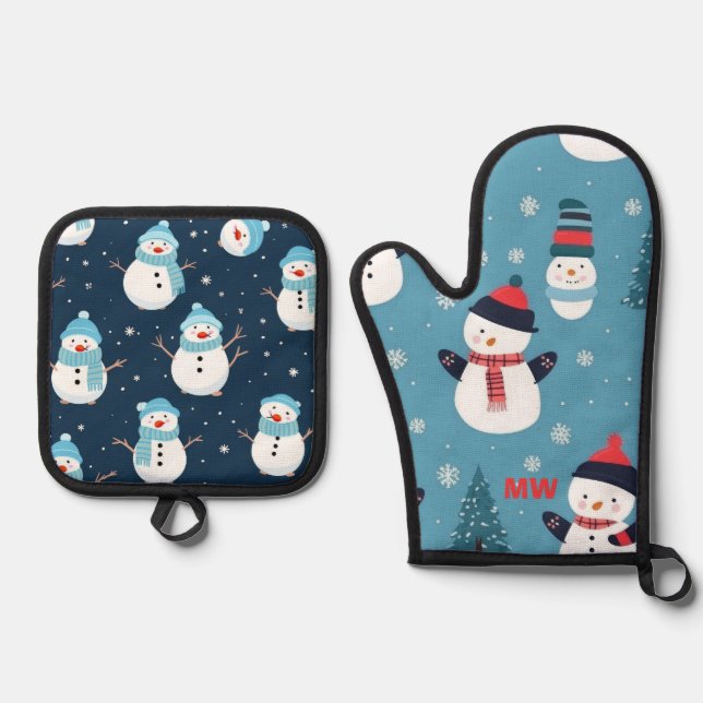 Niedliche Weihnachtsschneemänner Ofenhandschuh & Topflappen-Set (Vorderseite)