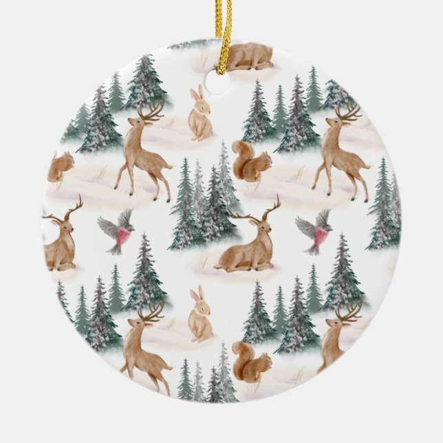 Niedliche Weihnachtsschneetiere in Wasserfarbe Keramik Ornament (Vorne)