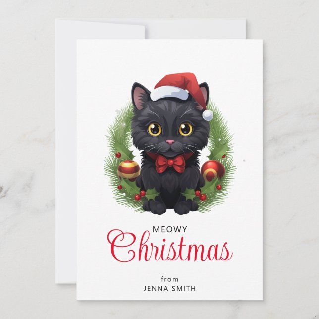 Niedliche Weihnachtsschwarze Katze Feiertagskarte (Vorderseite)