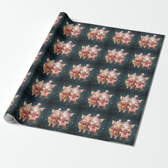 Niedliche Weihnachtsschweine Geschenkpapier (Ungerollt)
