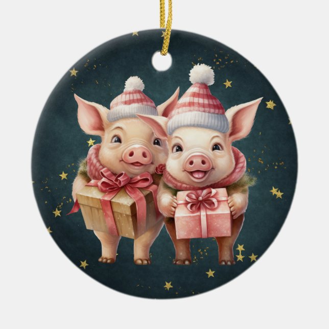 Niedliche Weihnachtsschweine Keramik Ornament (Vorne)