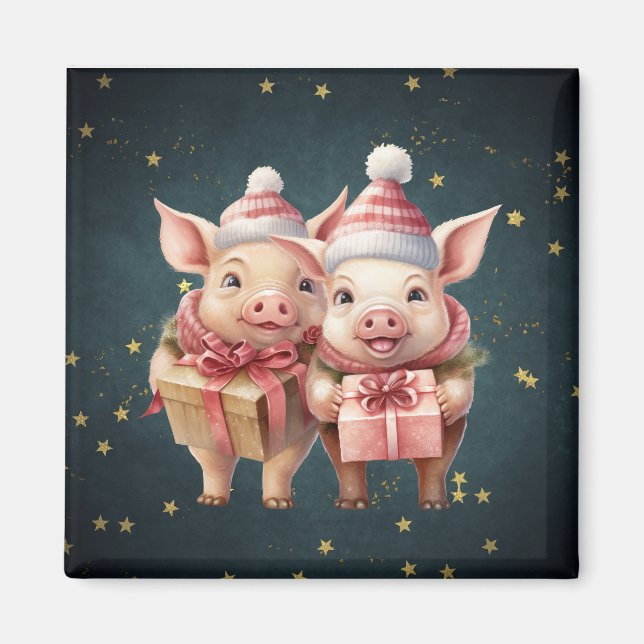 Niedliche Weihnachtsschweine Magnet (Vorne)
